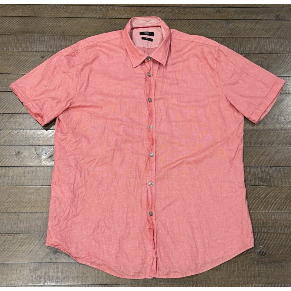 Boss Hugo Boss - Men’s Slim Fit - Red/Pink Button Up Short Sleeve - Size XXL